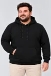 Erkek Battal Büyük Beden Üç İplik İçi Şardonlu Kapüşonlu Kanguru Cepli Kışlık Sweatshirt - Siyah