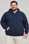 Erkek Battal Büyük Beden Üç İplik İçi Şardonlu Kapüşonlu Tam Fermuarlı Kışlık Sweatshirt - Lacivert