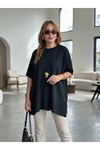 Kadın Bisiklet Yaka Kısa Yarasa Kollu Yanları Yırtmaçlı Oversize Dökümlü Merserize Bluz