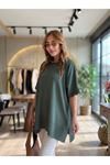Kadın Bisiklet Yaka Kısa Yarasa Kollu Yanları Yırtmaçlı Oversize Dökümlü Merserize Bluz