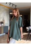 Kadın Bisiklet Yaka Kısa Yarasa Kollu Yanları Yırtmaçlı Oversize Dökümlü Merserize Bluz