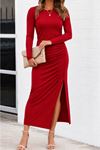 Kadın Uzun Kollu Bisiklet Yaka Yandan Yırtmaçlı Uzun Viskon Iki Iplik Elbise