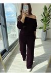 Kadın Uzun Kollu Tek Omuzdan Açık Modal Bluz Ve Pantolon Ikili Mürdüm Takım