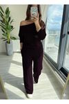 Kadın Uzun Kollu Tek Omuzdan Açık Modal Bluz Ve Pantolon Ikili Mürdüm Takım