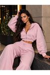 Kadın Taş Baskı Detaylı Fermuarlı Crop Sweatshirt Ve Geniş Paça Eşofman Takımı