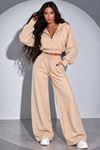 Kadın Taş Baskı Detaylı Fermuarlı Crop Sweatshirt Ve Geniş Paça Eşofman Takımı