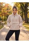 Kadın Yarım Fermuarlı Kanguru Cepli Peluş Wellsoft Sweatshirt
