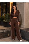 Kadın Taş Baskı Detaylı Fermuarlı Crop Sweatshirt Ve Geniş Paça Eşofman Takımı