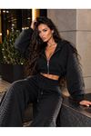 Kadın Taş Baskı Detaylı Fermuarlı Crop Sweatshirt Ve Geniş Paça Eşofman Takımı