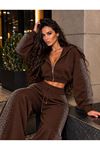 Kadın Taş Baskı Detaylı Fermuarlı Crop Sweatshirt Ve Geniş Paça Eşofman Takımı