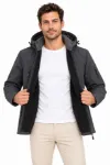 Erkek Su Geçirmez Softshell İçi Polar Astarlı Çıkarılabilir Kapüşonlu 4 Cepli Mont Ceket - Füme