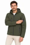 Erkek Su Geçirmez Softshell İçi Polar Astarlı Çıkarılabilir Kapüşonlu 4 Cepli Mont Ceket - Haki